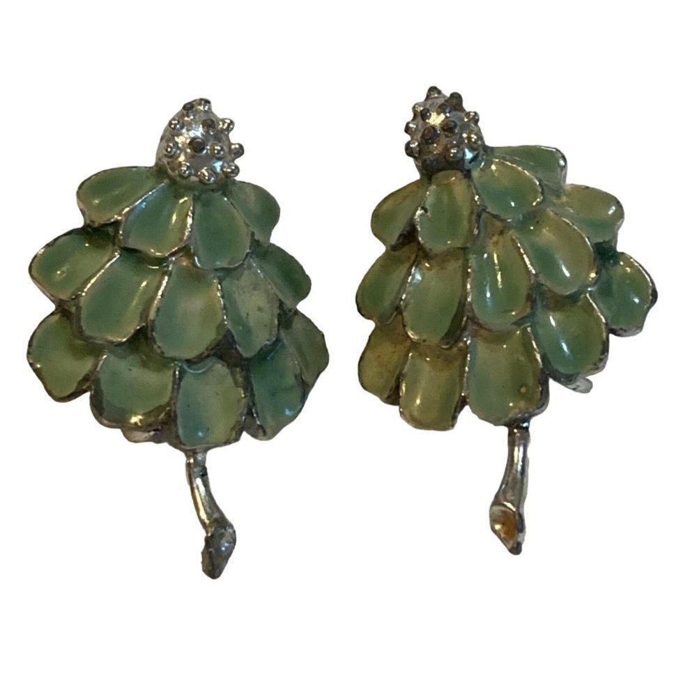 Vintage Christmas Tree Earrings Clip On Green Enamel Silver Tone